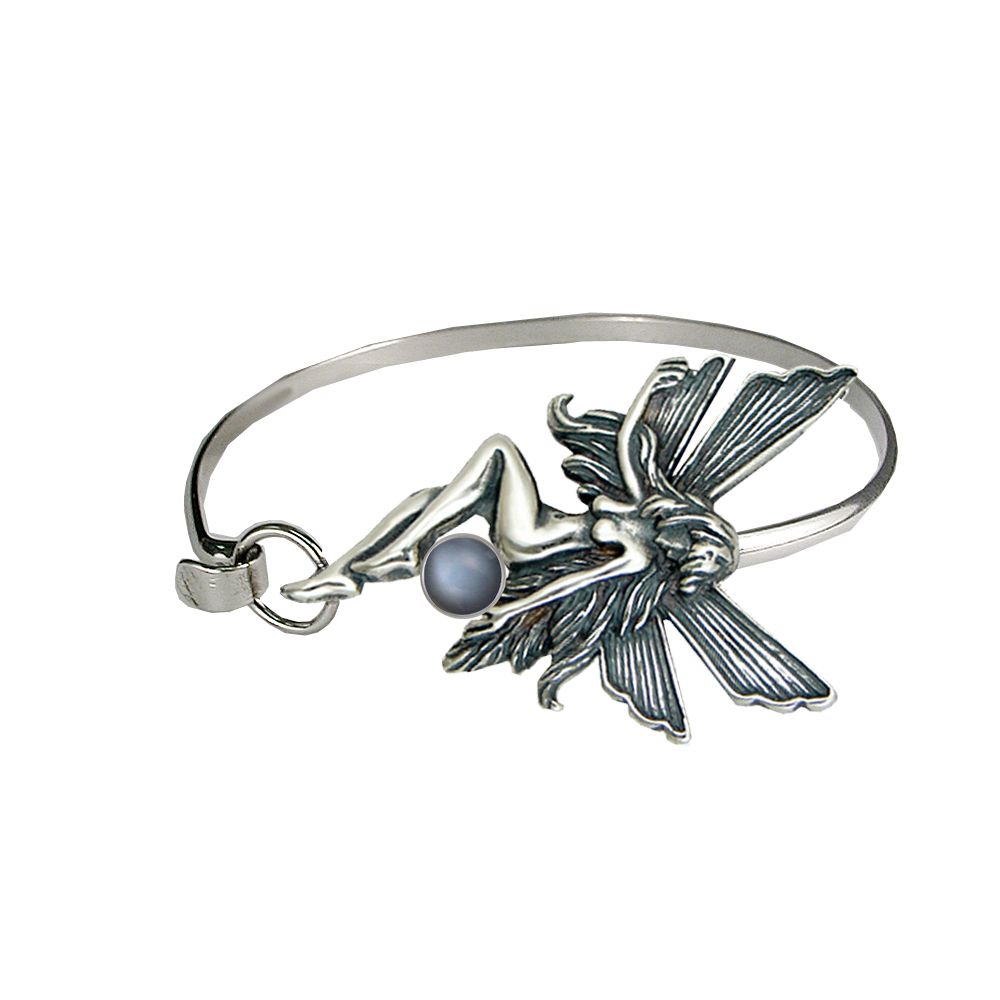 Sterling Silver Fairy Strap Latch Spring Hook Bangle Bracelet With Grey Moonstone